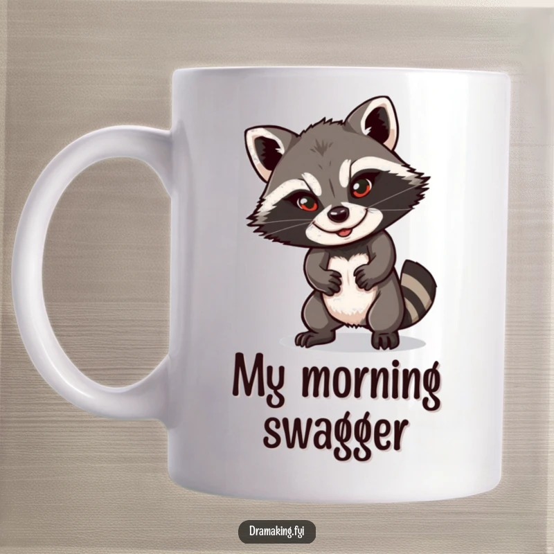 Funny raccoon mug featuring a playful character with a sly smile, striking a dramatic pose with mischievous intent, ideal for coffee lovers.