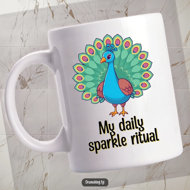 Funny peacock mug with vibrant tail feathers flared wide, striking a majestic and regal pose, exuding confidence and humor.