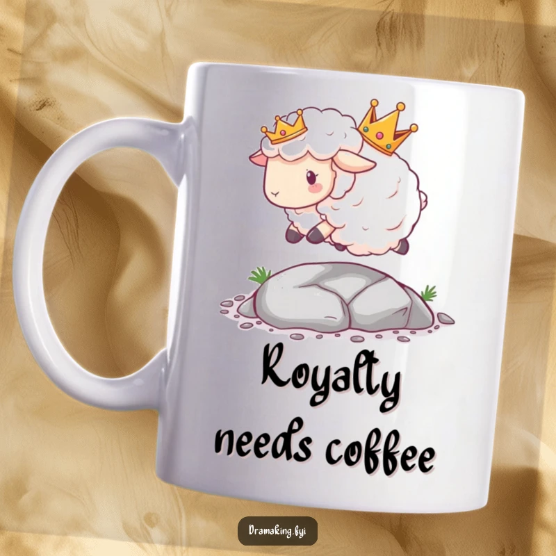 Funny Sheep Crown Mug showing a fluffy sheep in a crown tripping dramatically over a tiny pebble, perfect for a clumsy friend.