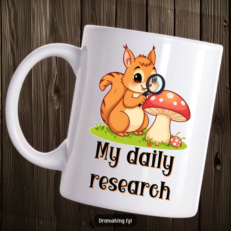 Funny mug showing a curious squirrel using a magnifying glass to examine a large, colorful mushroom, highlighting exploration and nature.