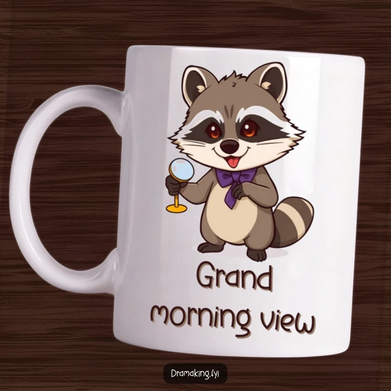 Funny Raccoon Opera Mug: A mischievous raccoon gestures grandly with opera glasses, ready for a night at the theater, a unique design.