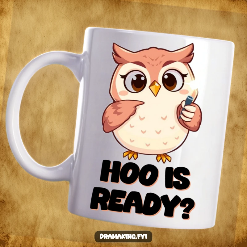 Funny excited owl mug with wide eyes pointing dramatically at a sparkling spotlight, great for coffee lovers and performers.