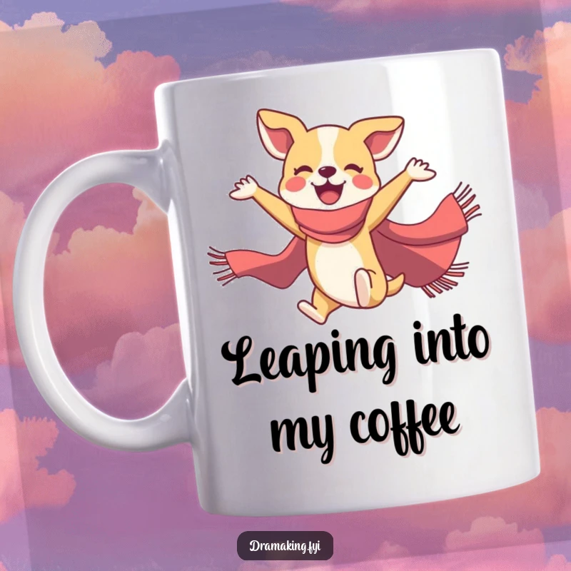 Funny dog ballet mug showing a joyful dog in a flamboyant scarf doing a mid-air ballet pose with a big smile.