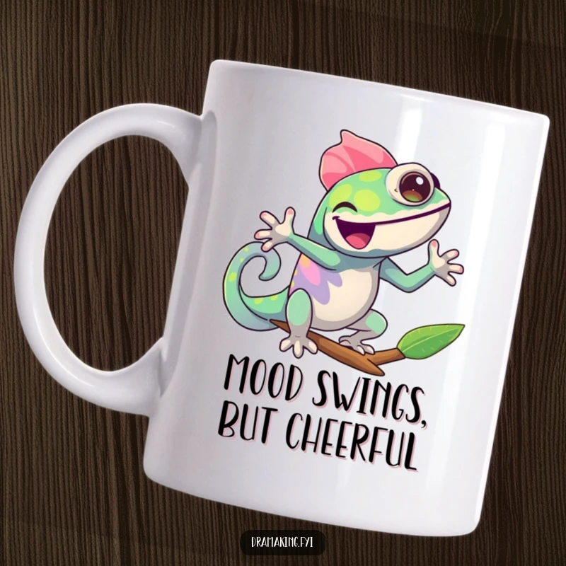 Funny Chameleon Mug: A cheerful chameleon striking a dramatic pose, joyfully changing colors, showcasing adaptable humor.