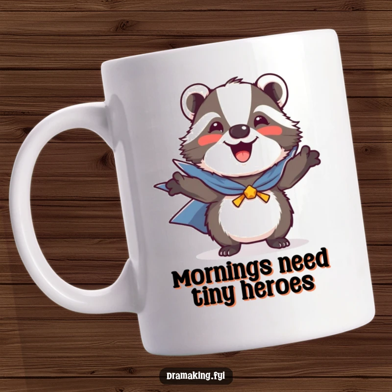 Funny mug featuring a joyful badger in a tiny cape, striking a heroic pose with utmost determination and charm.