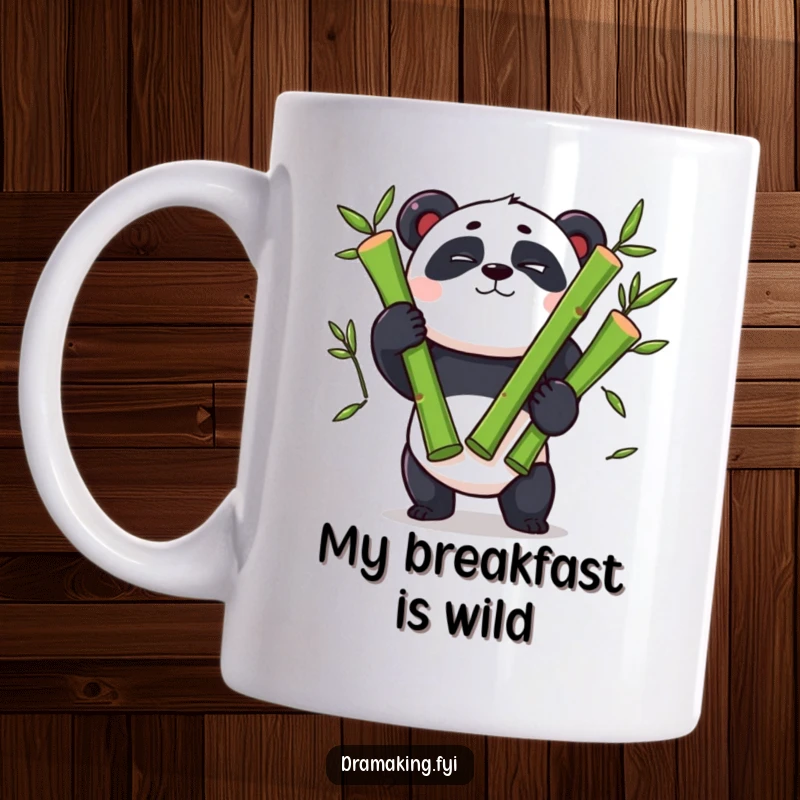 Funny panda mug, theatrical wink, concentrating deeply while juggling three oversized bamboo shoots with impressive skill.