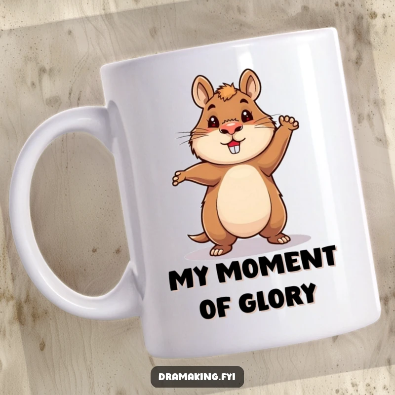Funny Capybara Hero Mug showcasing a capybara in a heroic, spotlight-struck, over-the-top pose, exuding pure funny confidence.