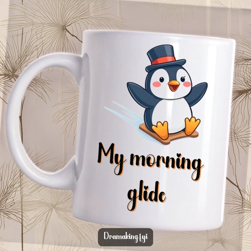 Funny mug featuring a delighted penguin in a top hat joyfully sliding down a snowy, icy slope, radiating pure winter fun.