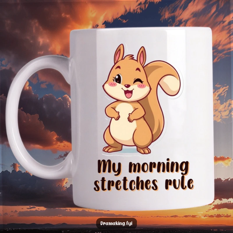 Funny mug of a cheerful squirrel striking a dramatic pose with arms outstretched, showcasing energetic enthusiasm and humor.