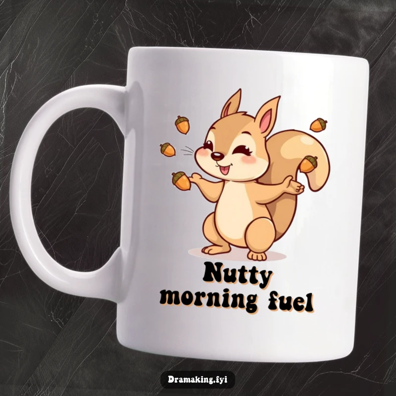 Funny squirrel mug with a dramatic flourish tossing shiny acorns into the air, ideal for coffee lovers and collectors.
