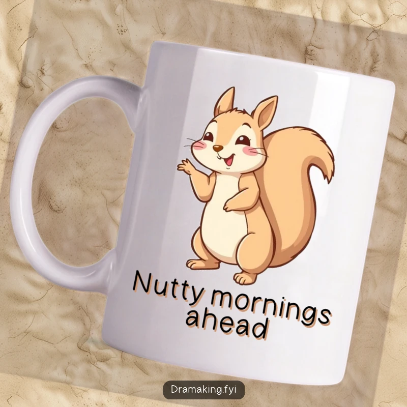Funny happy squirrel mug striking a dramatic pose with its tail fluffed high, exuding playful energy and charm.