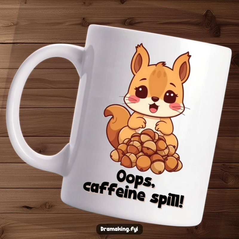 Funny Surprised Squirrel Mug showing a squirrel with a shocked expression, dropping a pile of acorns in funny disbelief.