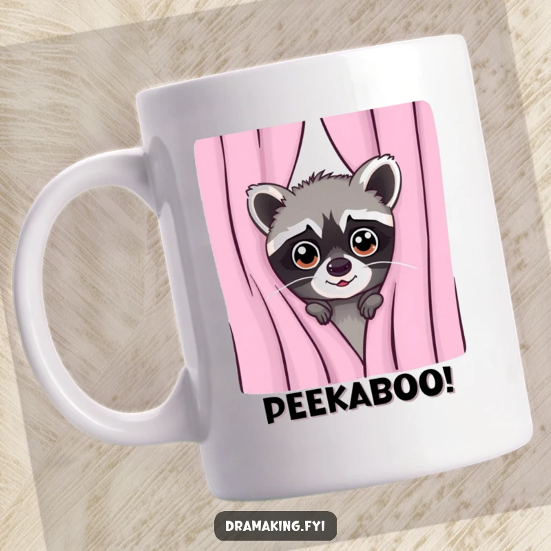 Funny mug art of a mischievous raccoon peeking out from behind a curtain with wide, curious eyes, creating a sense of playful intrigue.