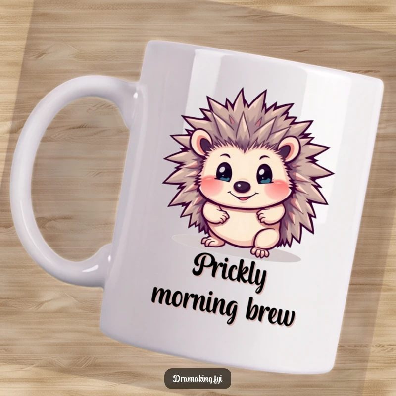 Funny Hedgehog Mug: A curious hedgehog striking a dramatic pose with spines bristling powerfully, showing protective humor.