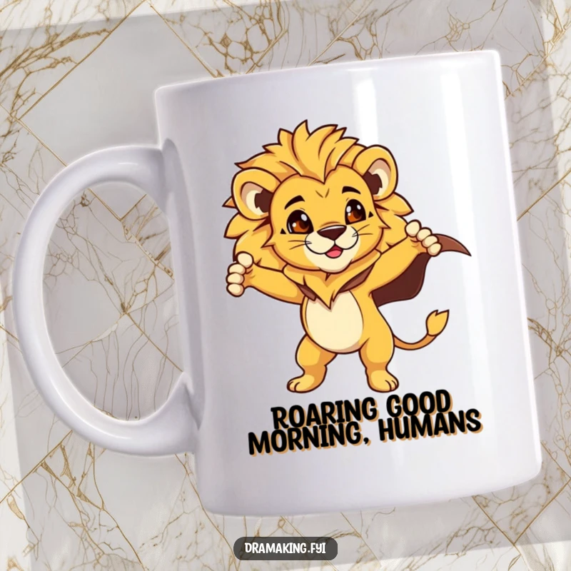 Funny Lion Cub Mug: A proud, cape-wearing lion cub in a dramatic pose, ready for adventure, making it a heroic and funny gift.