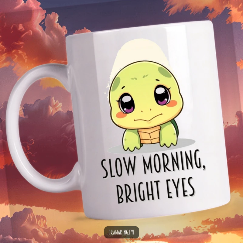 Funny shy turtle mug featuring a turtle peeking its head out with wide, expressive eyes under a spotlight.