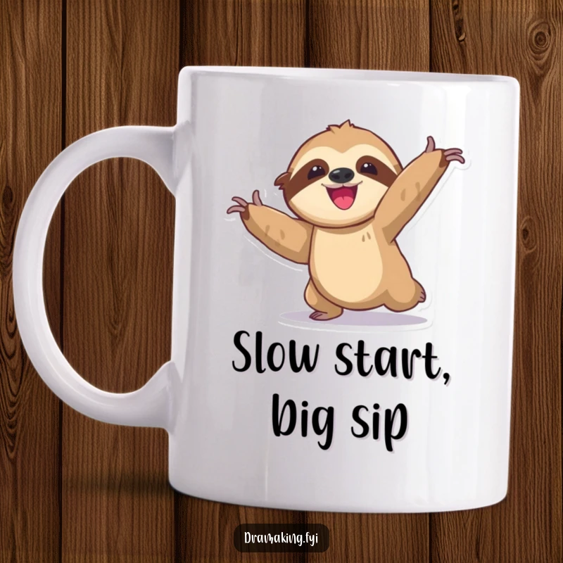 Funny sloth mug featuring a delighted character slowly entering an exaggerated, dramatic pose with a look of pure joy, perfect for coffee lovers.
