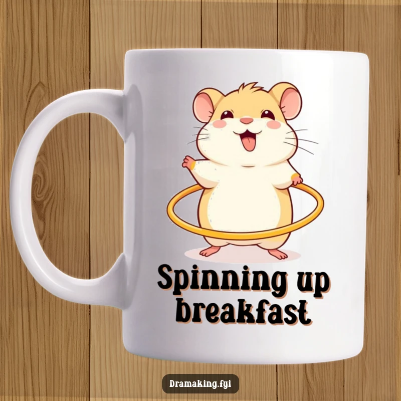 Funny mug with a cheerful hamster, looking excited, spinning a miniature hula hoop, for energetic pet appreciation.