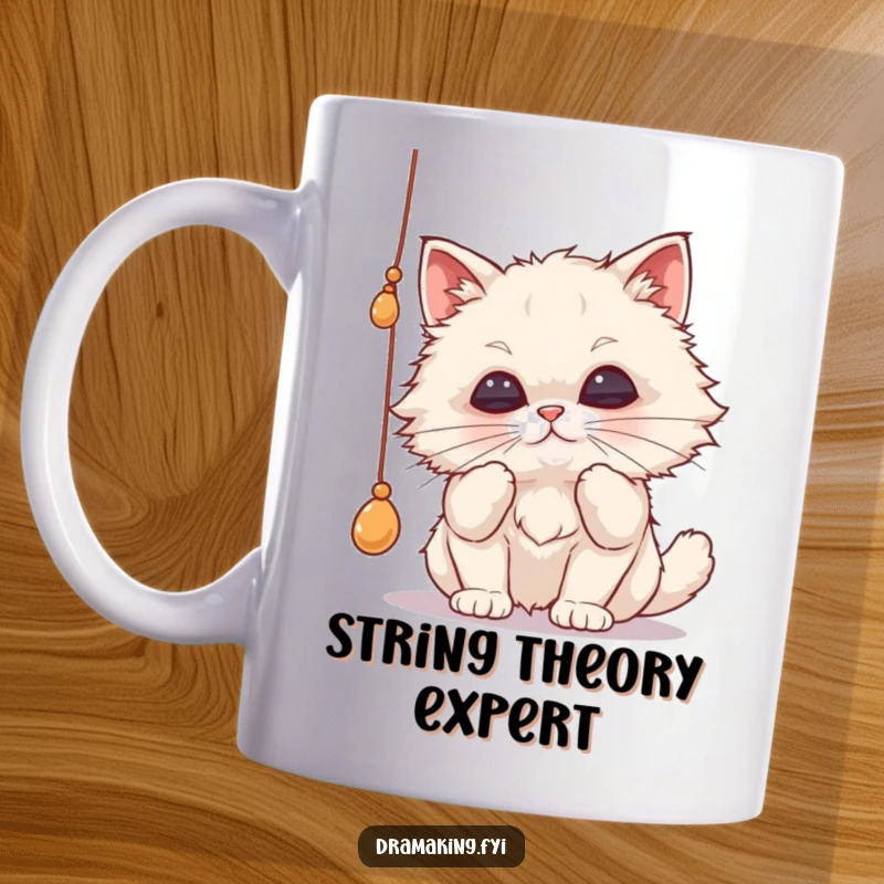 Funny cat mug showing a fluffy feline batting dramatically at a dangling string with comically pursed lips, capturing intense playtime focus.