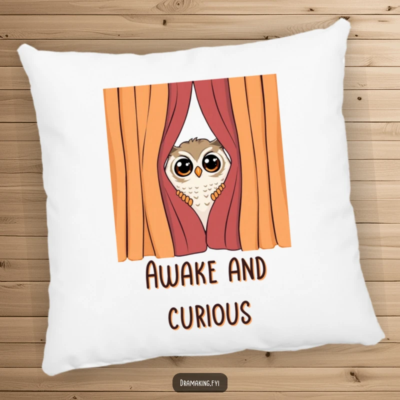 Funny Shy Owl Pillow, showing a curious owl peeking from behind a dramatic curtain, surprised by attention, offering cozy charm.