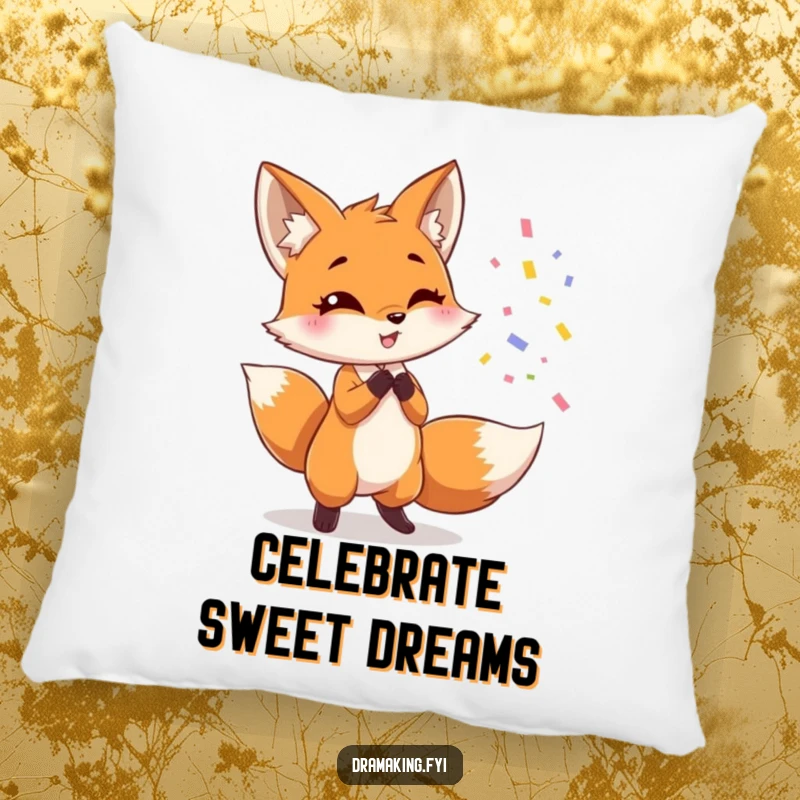 Funny fox pillow, showing a cute fox dramatically throwing confetti and posing, soft and humorous decor.