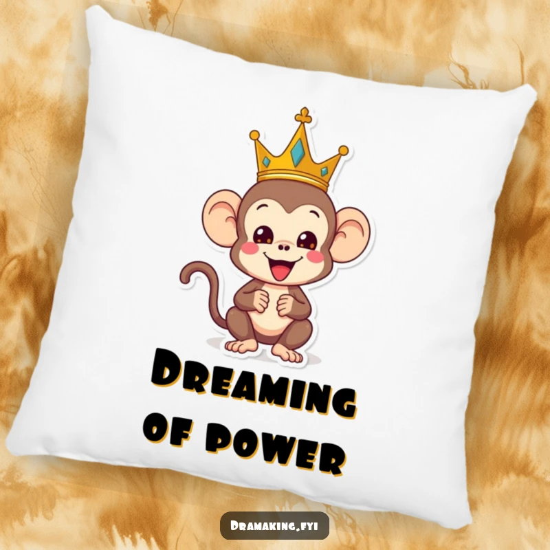 Funny monkey pillow, showing a playful monkey wearing a crown and striking a regal yet silly pose, soft and humorous decor.