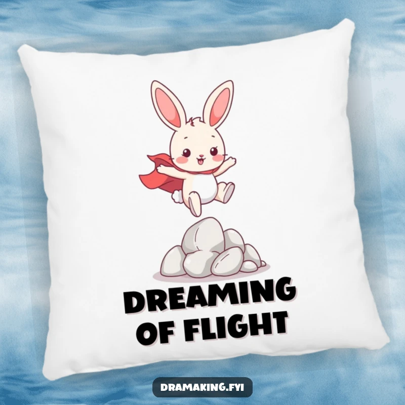 Funny Hero Bunny Pillow, showing a playful bunny wearing a cape, leaping over imaginary obstacles, offering cozy adventurous spirit.