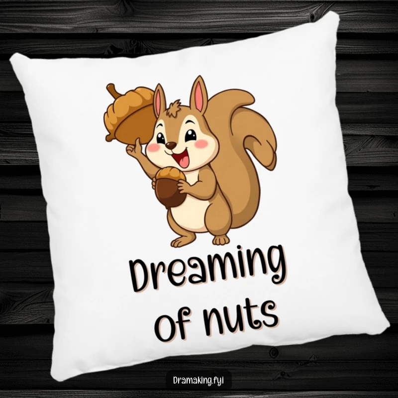 Funny happy squirrel character striking a triumphant pose with a giant acorn, plush pillow, celebratory decor.