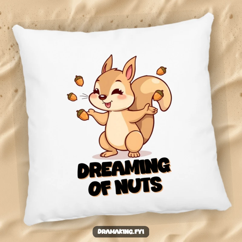 Funny squirrel pillow featuring a dramatic character tossing acorns into the air, ideal for comfort and a touch of whimsy.