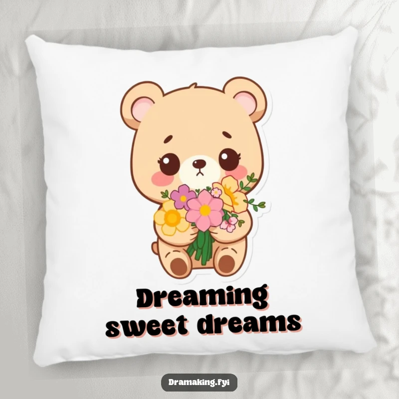 Funny pillow featuring a small bear with flowers, looking overly pleased with itself, soft and smugly humorous decor.