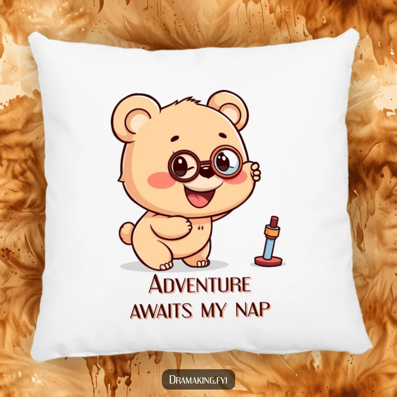 Funny pillow of a bear cub wearing a monocle, pointing excitedly at a distant object, offering plush, curious comfort.