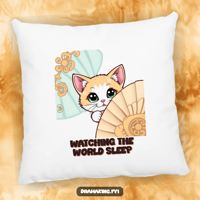 Funny pillow with a wide-eyed cat peeking around a detailed fan, offering soft comfort and a touch of mystery.