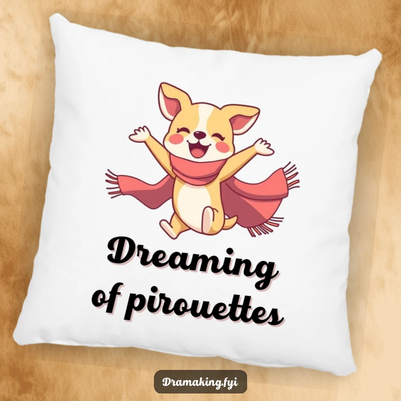 Funny dog ballet pillow featuring a joyful dog in a flamboyant scarf executing a graceful mid-air ballet pose, plush and decorative.