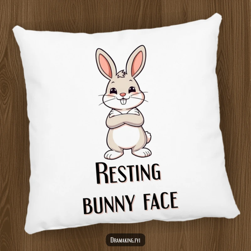 Funny pillow design of a cheerful bunny with crossed arms striking a dramatic pose, radiating self-assurance and charm.