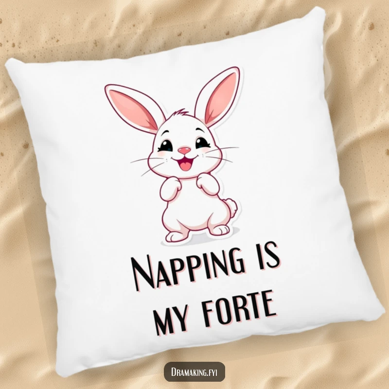 Funny dramatic rabbit pillow, cheerful with oversized ears, striking a pose, soft and humorous decor.