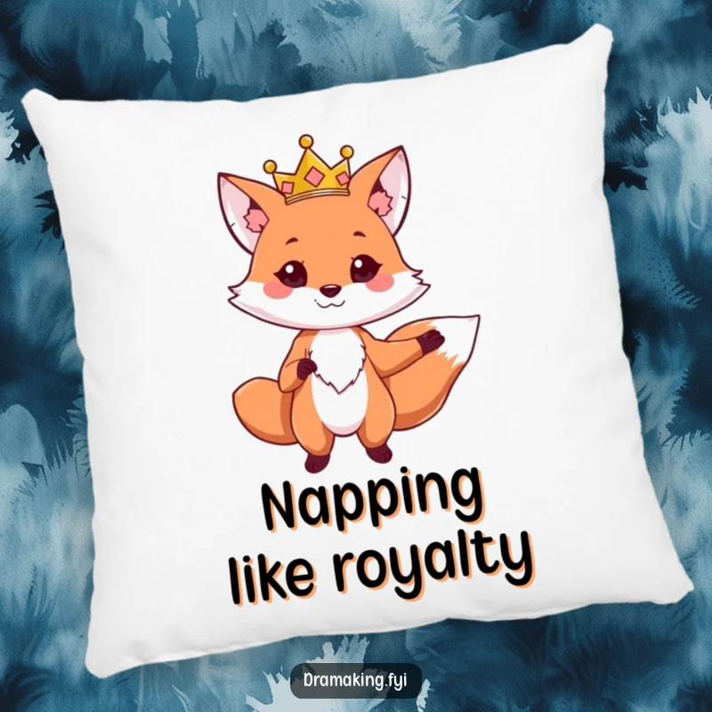 Funny pillow featuring a cute fox with a crown, striking a dramatic regal pose, soft and majestically humorous decor.