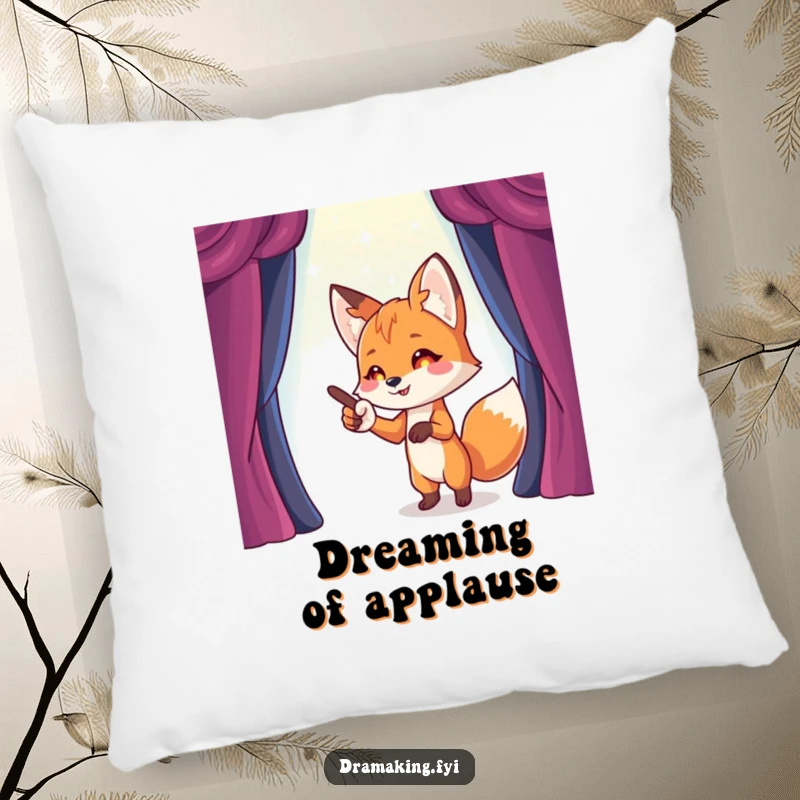 Funny Fox Stage Director Pillow with a playful fox pointing towards an imaginary stage, offering funny, plush comfort.