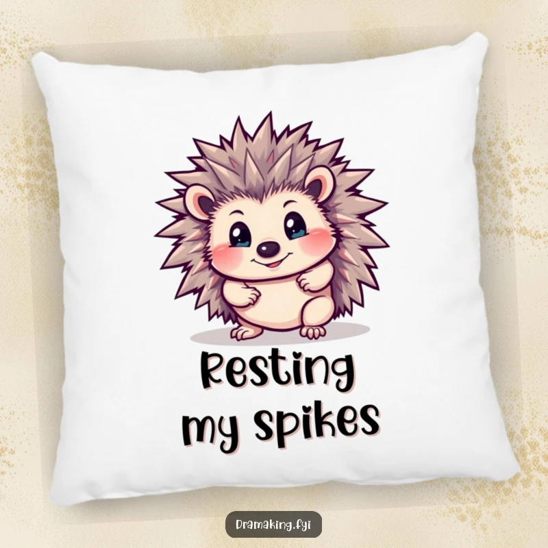 Funny Hedgehog Pillow: A curious hedgehog with bristling spines striking a dramatic pose, offering comfort with humorous fierceness.