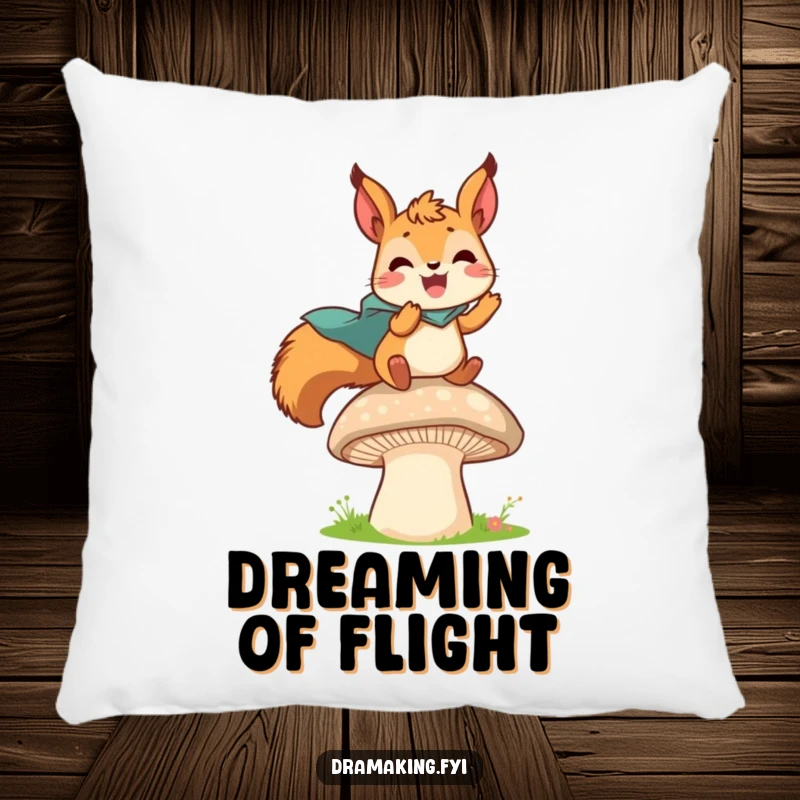 Funny pillow design of a delighted squirrel in a tiny cape leaping from a mushroom, ready to save the day.
