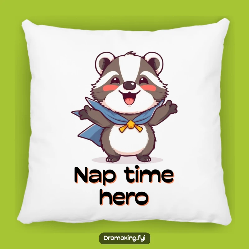 Funny Heroic Badger Pillow: Joyful Cape-Wearing Companion for Cozy Comfort