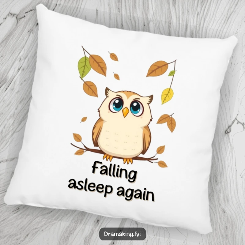Funny Owl Pillow: A wide-eyed owl is comically surprised by giant falling leaves in this cozy home decor design.