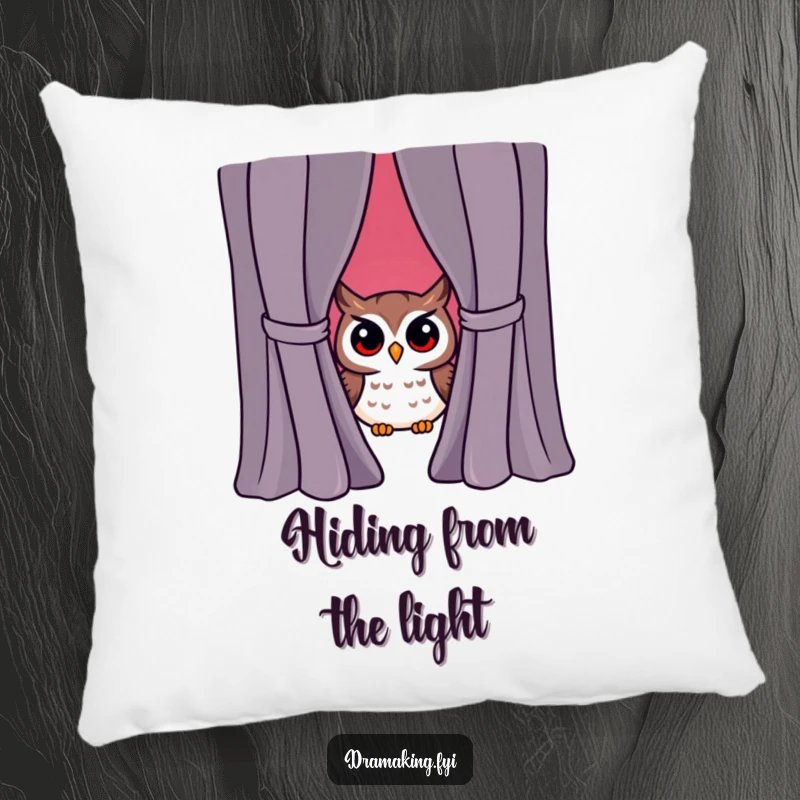 Funny owl character peeking from behind a dramatic curtain, surprised and curious, soft pillow design, humorous accent.