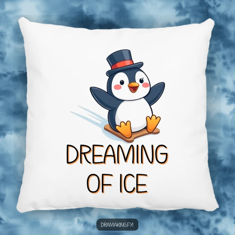 Funny pillow showcasing a penguin in a top hat enthusiastically sliding down an icy slope, offering soft, humorous comfort.