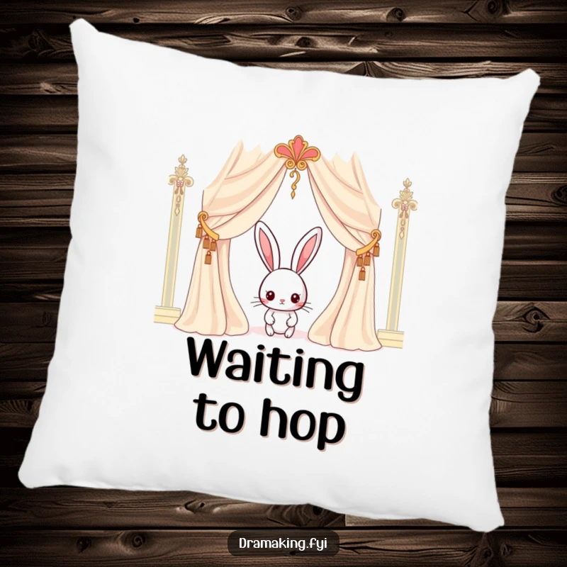 Funny rabbit pillow featuring a curious character peeking behind an ornate curtain, ideal for adding comfort and a hint of mystery.
