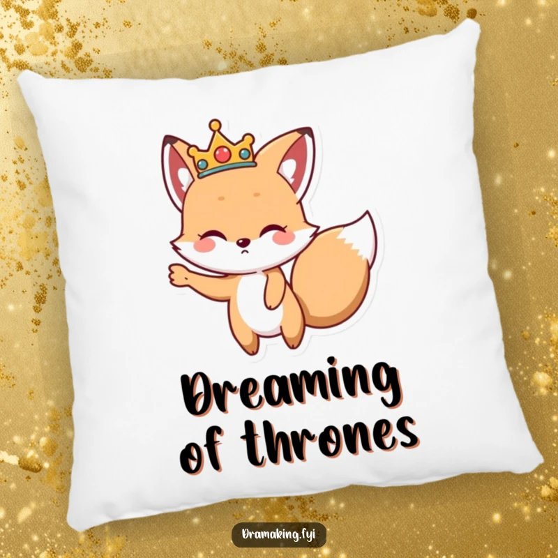Funny Regal Fox Pillow, showing a cute fox wearing a crown, striking a dramatic pose, offering cozy regal humor.