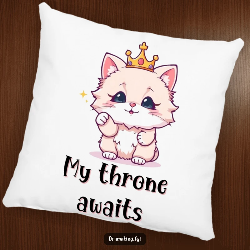 Funny pillow with a fluffy cat wearing a crown, dramatically pointing at a sparkling object, for cozy, regal comfort.