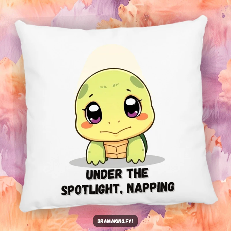 Funny shy turtle pillow with a turtle peeking its head out, wide expressive eyes, under a spotlight, soft and decorative.
