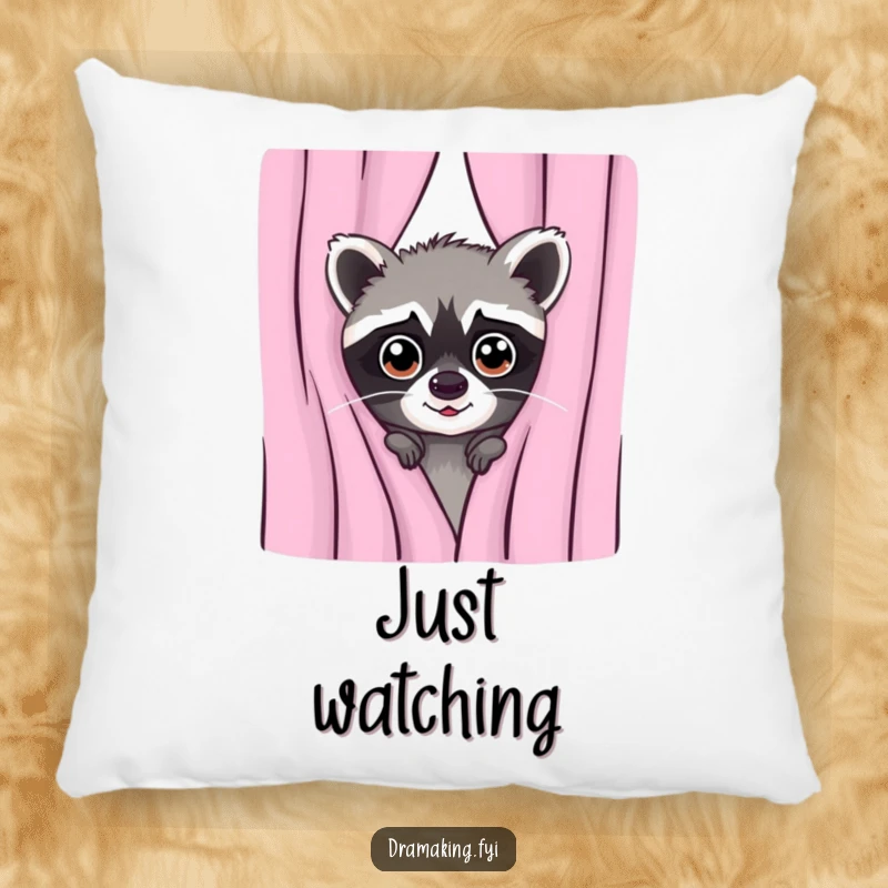 Funny pillow design of a mischievous raccoon peeking from behind a curtain with wide, innocent eyes, inviting cuddles.