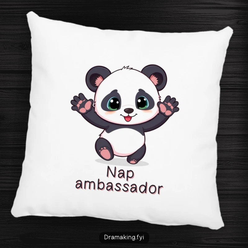 Funny playful panda cub pillow, striking a dramatic pose with outstretched paws, soft and humorous decor.
