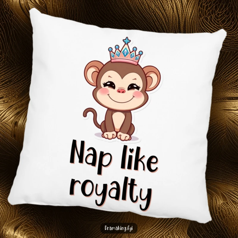 Funny Monkey Tiara Pillow featuring a delightful monkey with a sparkling crown, offering comfort and a humorous royal vibe.